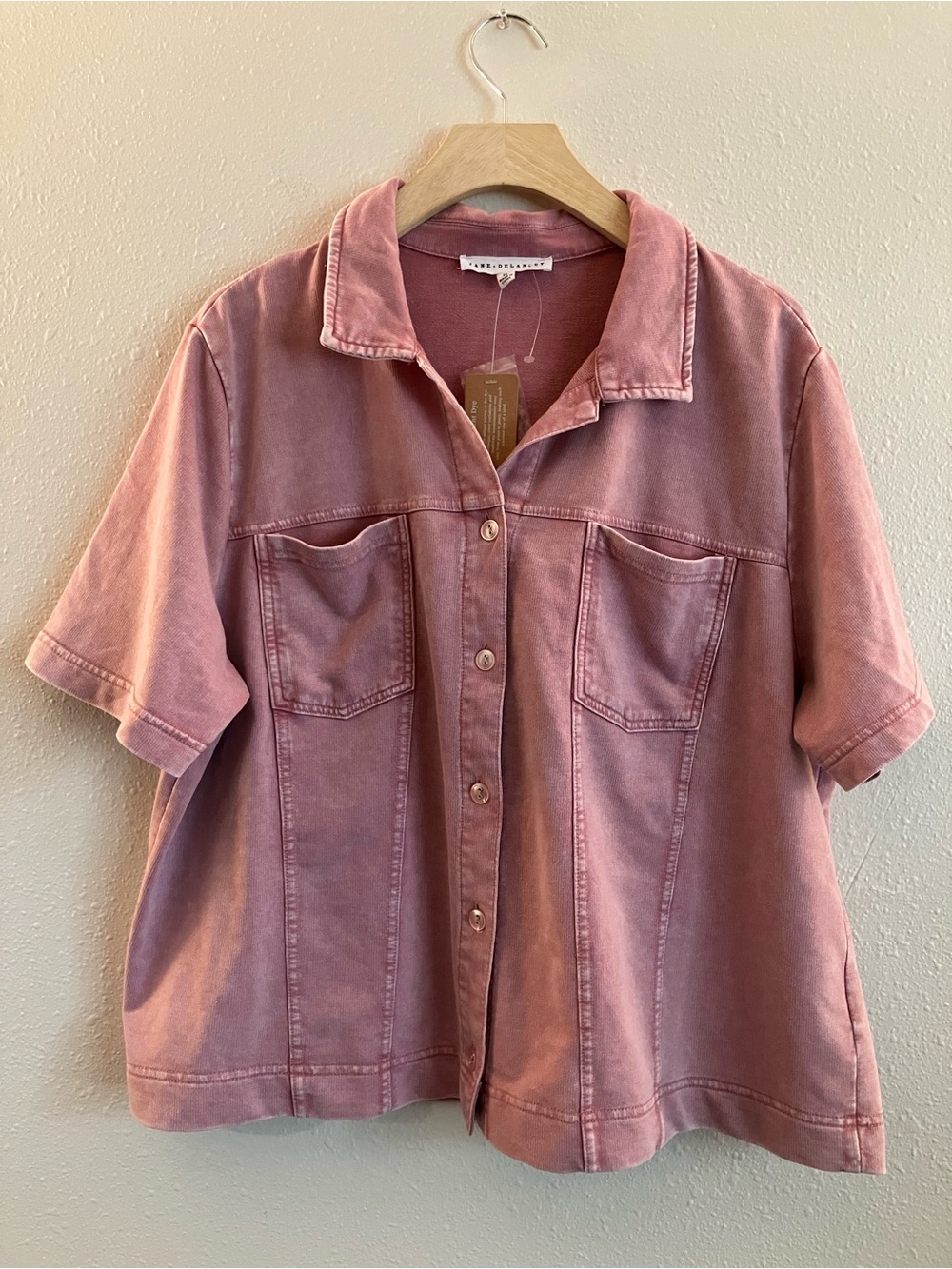 Jane & Delancey Washed Ash Pink Short-Sleeve Button-Down Soft Jean Shirt Blouse - Picture 2 of 8